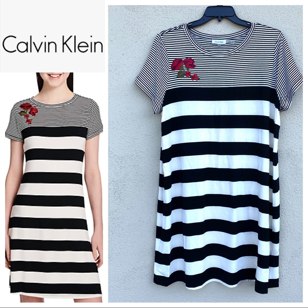 CALVIN KLEIN t-shirt dress black striped shift embroidered floral rose plus size